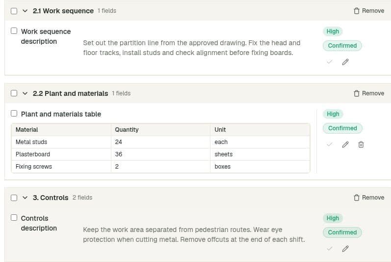 Netriam Confirmation showing numbered work-plan sections, an intact Material, Quantity and Unit table, and individual review controls.